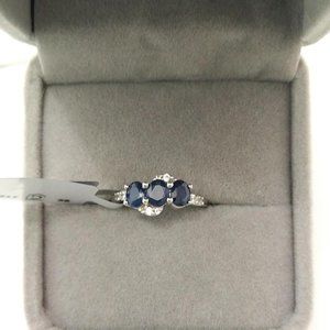 Genuine Blue Thai Sapphire Trilogy, Solid White Gold Ring